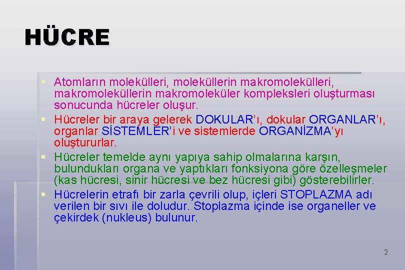 HÜCRE § Atomların molekülleri, moleküllerin makromolekülleri, makromoleküllerin makromoleküler kompleksleri oluşturması sonucunda hücreler oluşur. §