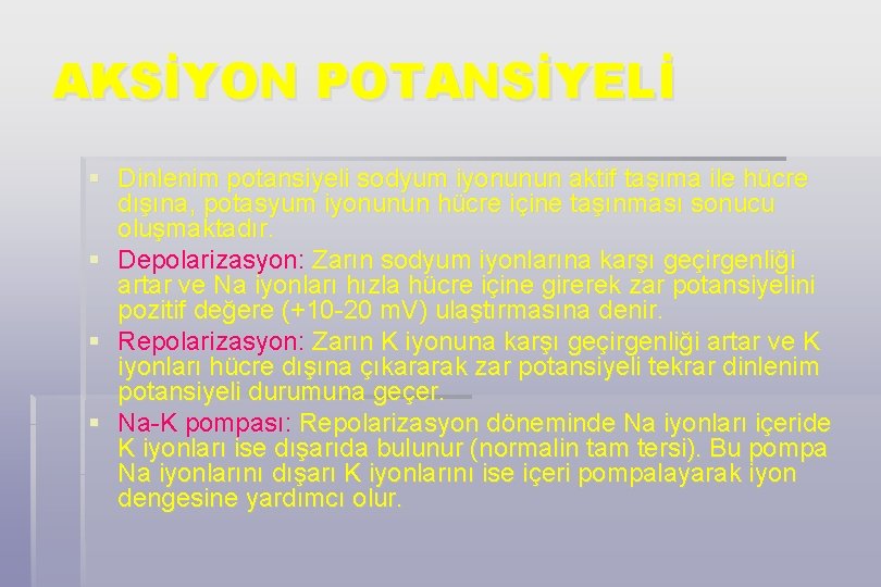 AKSİYON POTANSİYELİ § Dinlenim potansiyeli sodyum iyonunun aktif taşıma ile hücre dışına, potasyum iyonunun