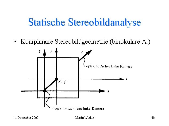 Statische Stereobildanalyse • Komplanare Stereobildgeometrie (binokulare A. ) 1. Dezember 2000 Martin Wodok 40