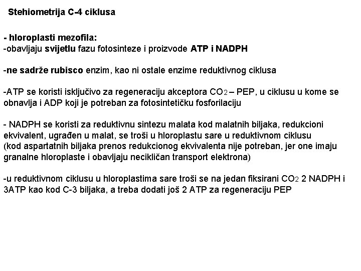 Stehiometrija C-4 ciklusa - hloroplasti mezofila: -obavljaju svijetlu fazu fotosinteze i proizvode ATP i