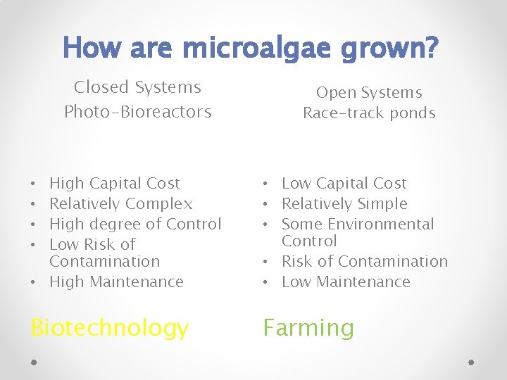 How are microalgae grown? Closed Systems Photo-Bioreactors Open Systems Race-track ponds • • High