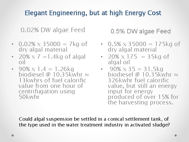 Elegant Engineering, but at high Energy Cost 0. 02% DW algae Feed • 0.