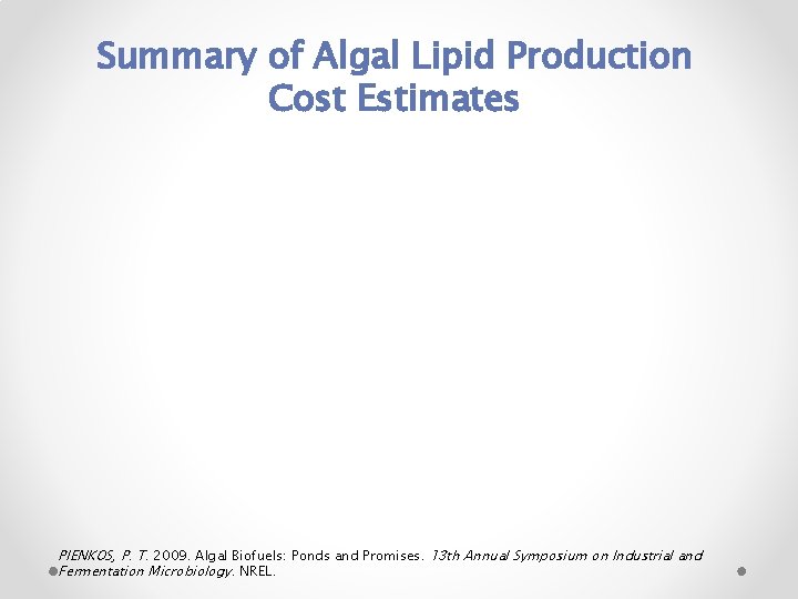 Summary of Algal Lipid Production Cost Estimates PIENKOS, P. T. 2009. Algal Biofuels: Ponds