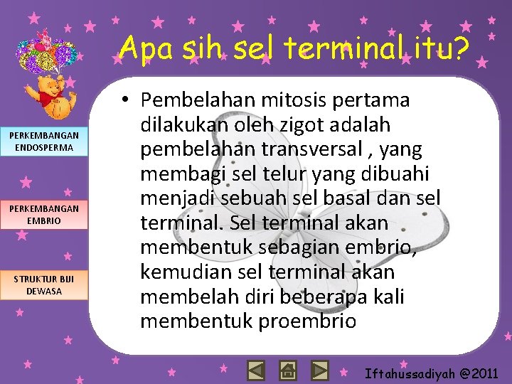 Apa sih sel terminal itu? PERKEMBANGAN ENDOSPERMA PERKEMBANGAN EMBRIO STRUKTUR BIJI DEWASA • Pembelahan