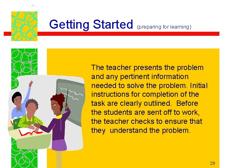 Getting Started (preparing for learning) The teacher presents the problem and any pertinent information