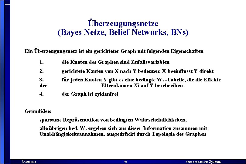 Überzeugungsnetze (Bayes Netze, Belief Networks, BNs) Ein Überzeugungsnetz ist ein gerichteter Graph mit folgenden