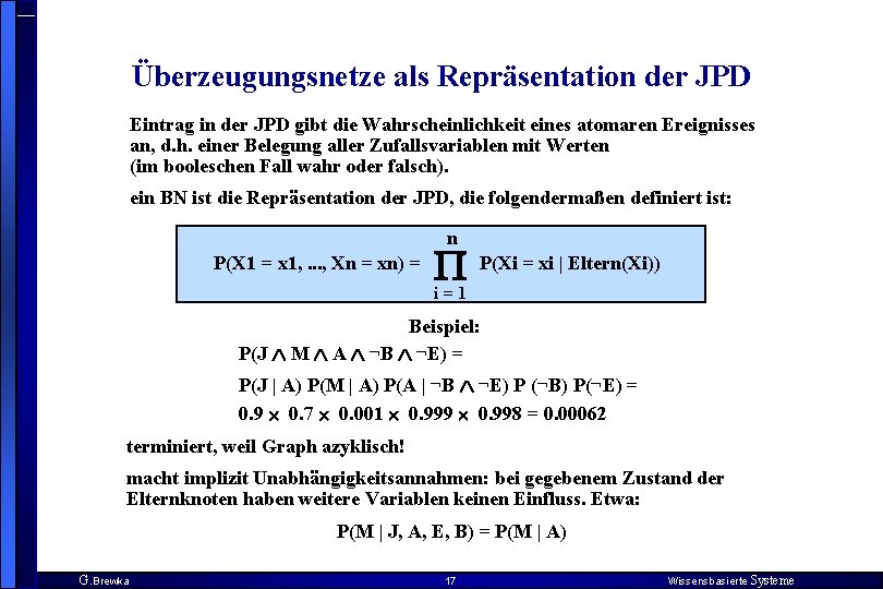 Überzeugungsnetze als Repräsentation der JPD Eintrag in der JPD gibt die Wahrscheinlichkeit eines atomaren