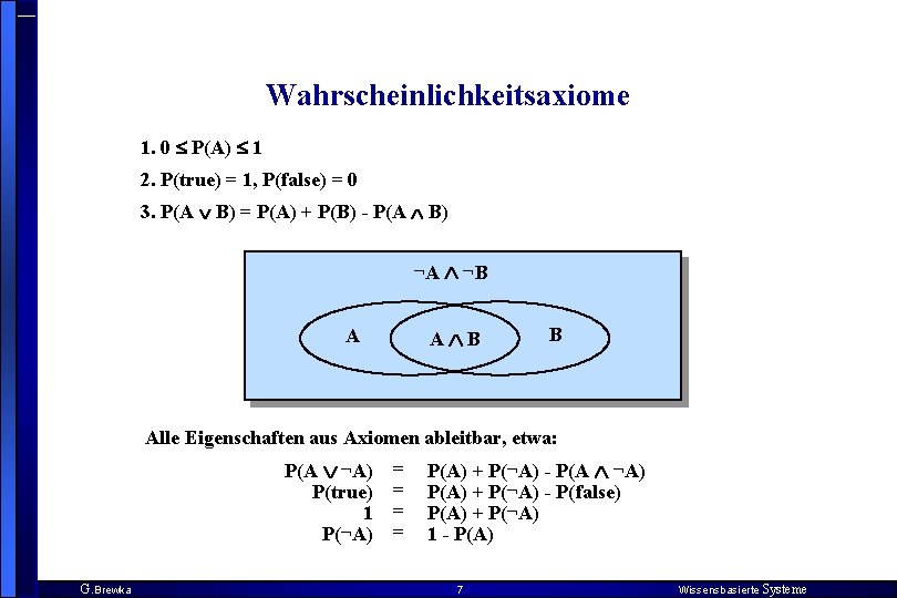 Wahrscheinlichkeitsaxiome 1. 0 P(A) 1 2. P(true) = 1, P(false) = 0 3. P(A