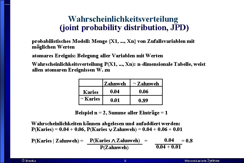 Wahrscheinlichkeitsverteilung (joint probability distribution, JPD) probabilistisches Modell: Menge {X 1, . . . ,