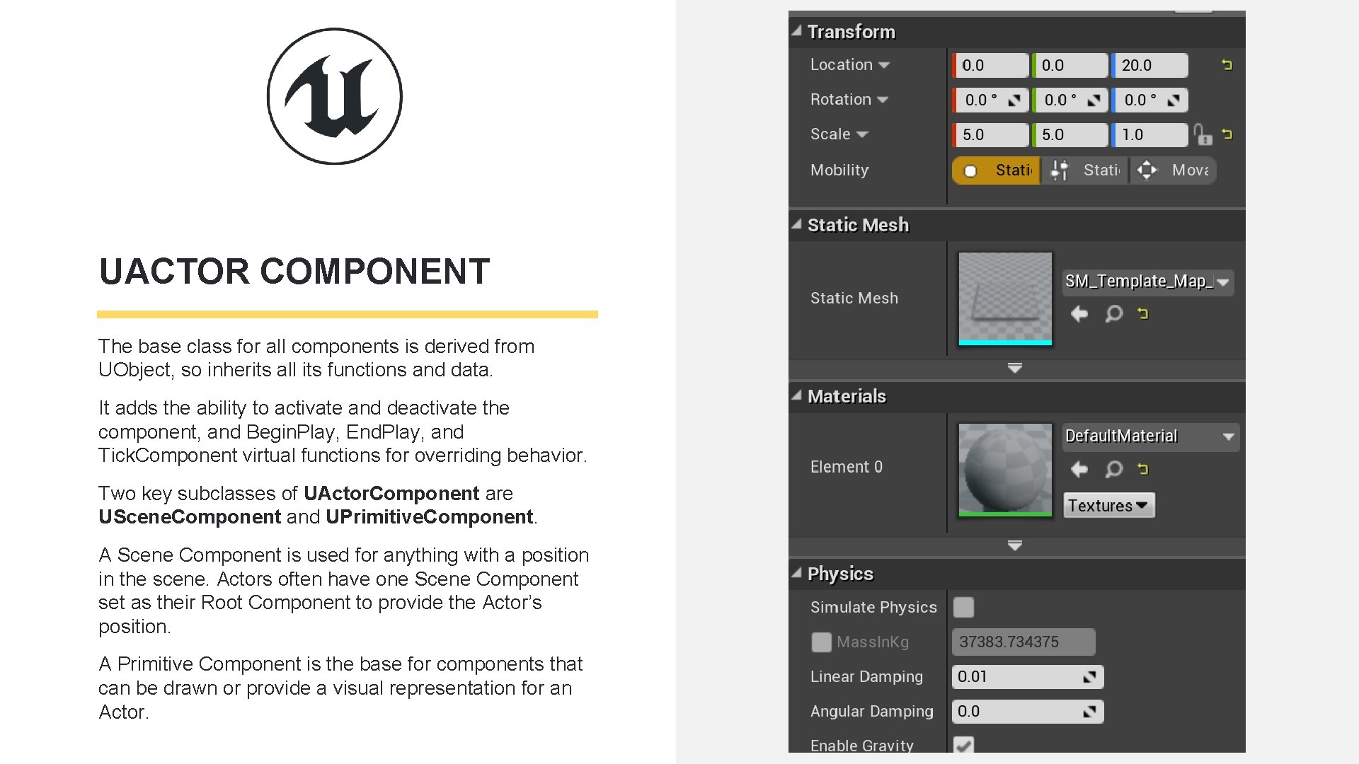 UACTOR COMPONENT The base class for all components is derived from UObject, so inherits