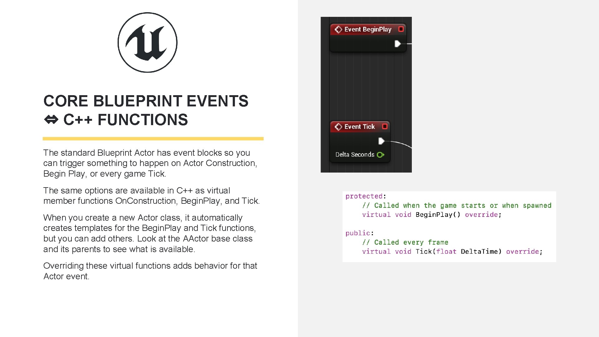 CORE BLUEPRINT EVENTS ⇔ C++ FUNCTIONS The standard Blueprint Actor has event blocks so CORE BLUEPRINT EVENTS ⇔ C++ FUNCTIONS The standard Blueprint Actor has event blocks so