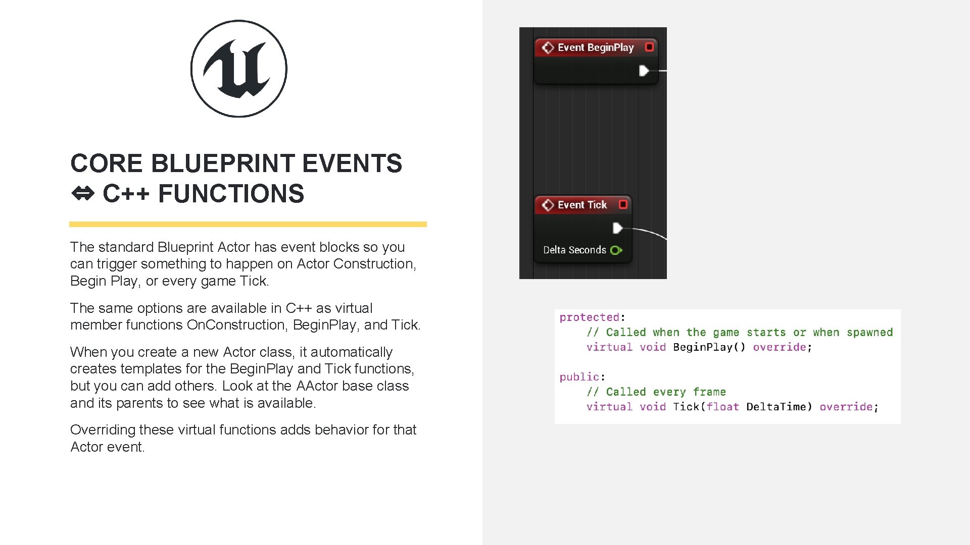 CORE BLUEPRINT EVENTS ⇔ C++ FUNCTIONS The standard Blueprint Actor has event blocks so