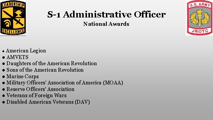 S-1 Administrative Officer National Awards ● American Legion ● AMVETS ● Daughters of the