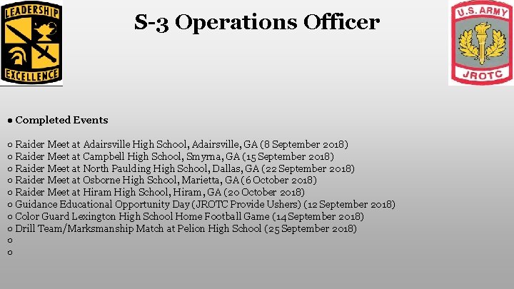 S-3 Operations Officer ● Completed Events ○ Raider Meet at Adairsville High School, Adairsville,