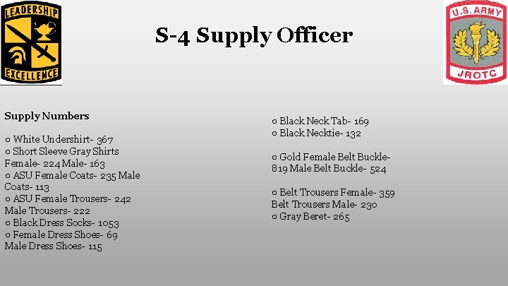 S-4 Supply Officer Supply Numbers ○ White Undershirt- 367 ○ Short Sleeve Gray Shirts