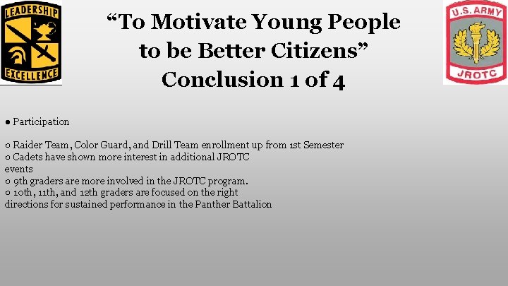 “To Motivate Young People to be Better Citizens” Conclusion 1 of 4 ● Participation