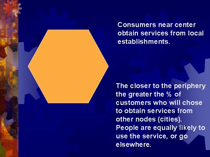 Consumers near center obtain services from local establishments. The closer to the periphery the
