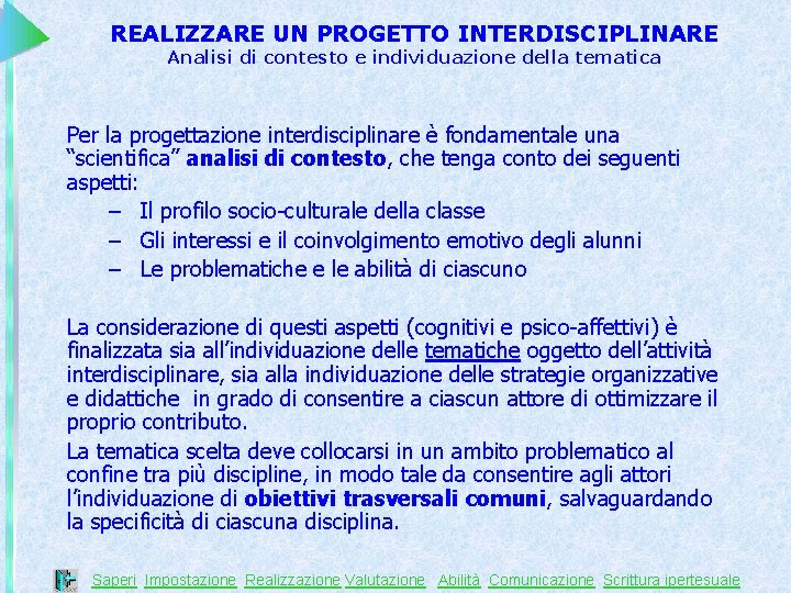 REALIZZARE UN PROGETTO INTERDISCIPLINARE Analisi di contesto e individuazione della tematica Per la progettazione