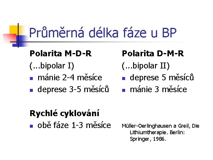 Průměrná délka fáze u BP Polarita M-D-R (. . . bipolar I) n mánie
