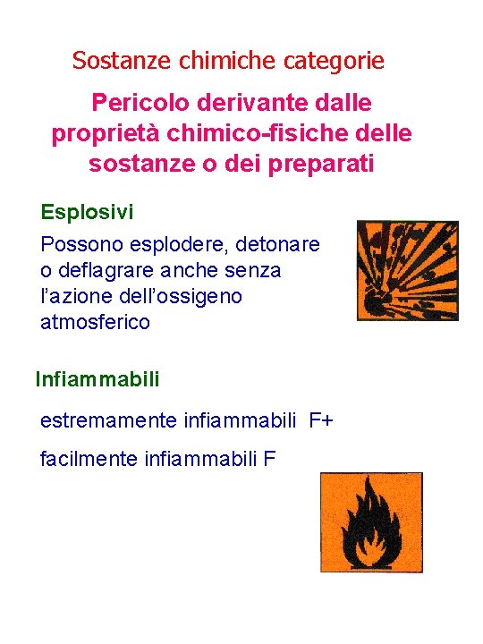 Sostanze chimiche categorie Pericolo derivante dalle proprietà chimico-fisiche delle sostanze o dei preparati Esplosivi