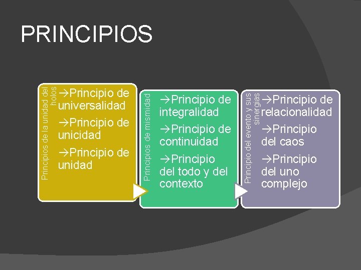  Principio de integralidad Principio de continuidad Principio del todo y del contexto Principio