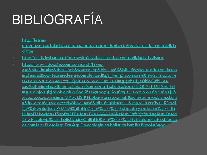 BIBLIOGRAFÍA http: //letrasuruguay. espaciolatino. com/aaa/pupo_rigoberto/teoria_de_la_complejida d. htm http: //es. slideshare. net/luxcsesita/teorias-sitemica-complejidad-y-holismo https: //www. google.