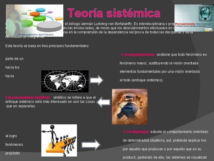 Teoría sistémica Esta teoría fue diseñada en 1947 por el biólogo alemán Ludwing von