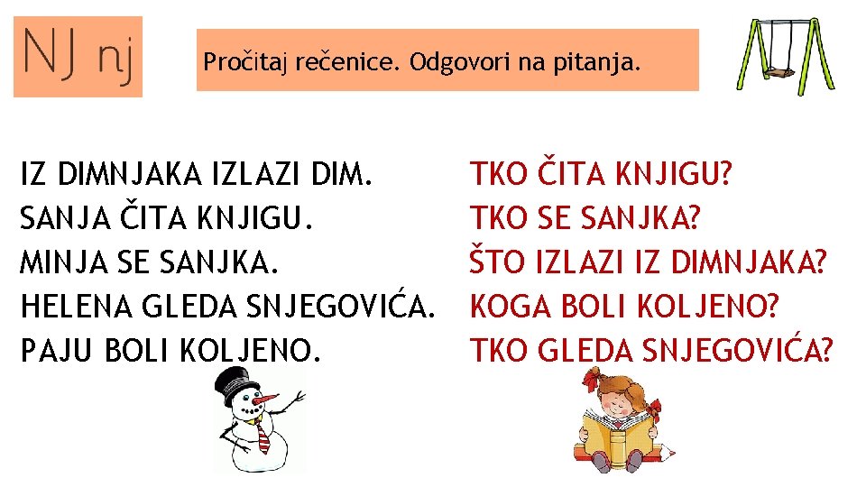 Pročitaj rečenice. Odgovori na pitanja. IZ DIMNJAKA IZLAZI DIM. SANJA ČITA KNJIGU. MINJA SE