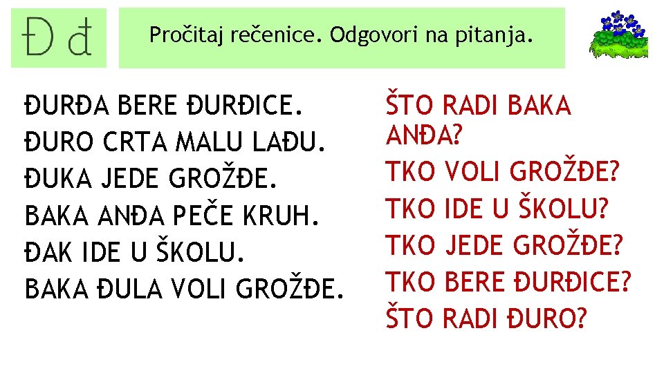 Pročitaj rečenice. Odgovori na pitanja. ĐURĐA BERE ĐURĐICE. ĐURO CRTA MALU LAĐU. ĐUKA JEDE