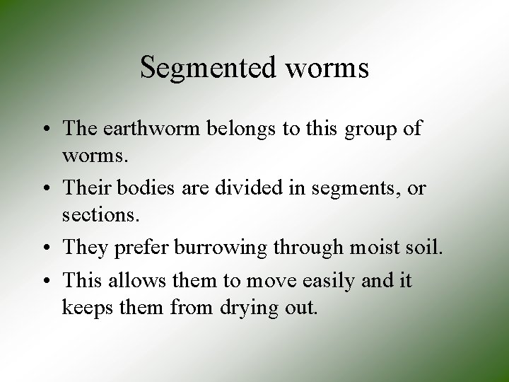 Segmented worms • The earthworm belongs to this group of worms. • Their bodies