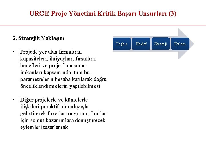 URGE Proje Yönetimi Kritik Başarı Unsurları (3) 3. Stratejik Yaklaşım Teşhis • Projede yer