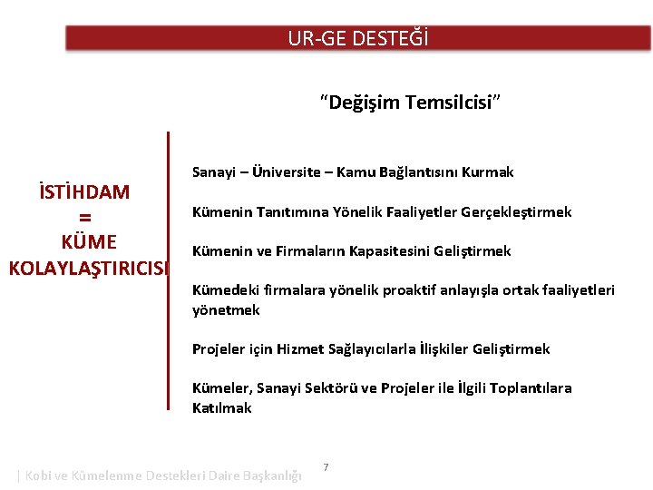 UR-GE DESTEĞİ “Değişim Temsilcisi” İSTİHDAM = KÜME KOLAYLAŞTIRICISI Sanayi – Üniversite – Kamu Bağlantısını