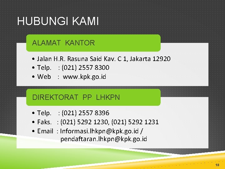 HUBUNGI KAMI ALAMAT KANTOR • Jalan H. R. Rasuna Said Kav. C 1, Jakarta