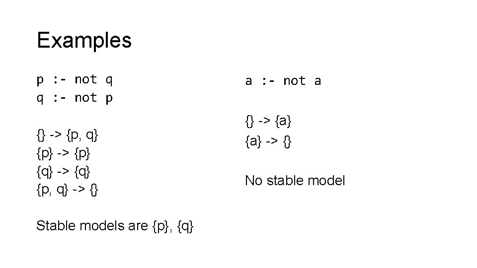 Examples p : - not q q : - not p {} -> {p,