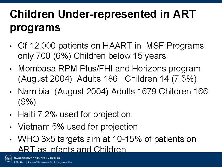 Children Under-represented in ART programs • • • Of 12, 000 patients on HAART