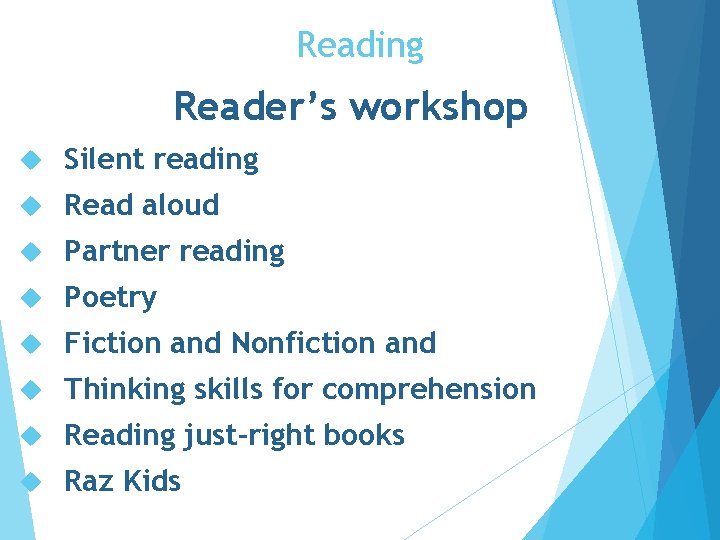 Reading Reader’s workshop Silent reading Read aloud Partner reading Poetry Fiction and Nonfiction and