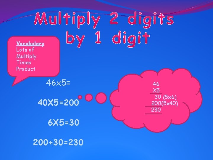 Vocabulary Lots of Multiply Times Product 46 x 5= 40 X 5=200 6 X