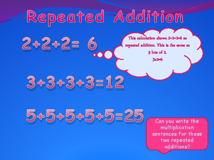 2+2+2= 6 This calculation shows 2+2+2=6 as repeated addition. This is the same as