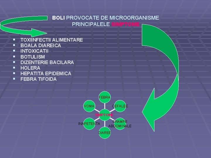 BOLI PROVOCATE DE MICROORGANISME PRINCIPALELE SIMPTOME § § § § TOXIINFECTII ALIMENTARE BOALA DIAREICA