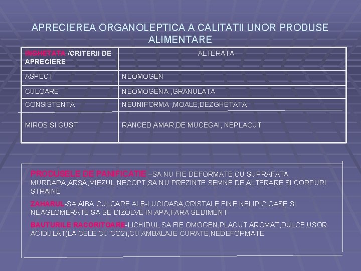 APRECIEREA ORGANOLEPTICA A CALITATII UNOR PRODUSE ALIMENTARE INGHETATA /CRITERII DE APRECIERE ALTERATA ASPECT NEOMOGEN