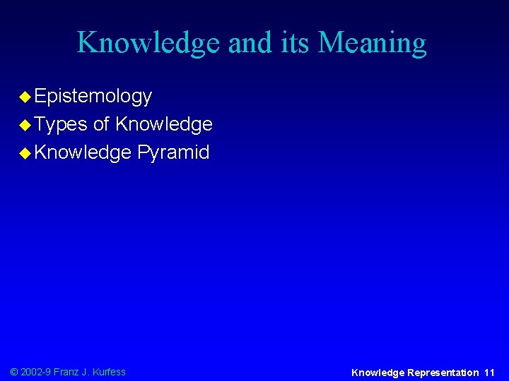 Knowledge and its Meaning u Epistemology u Types of Knowledge u Knowledge Pyramid ©