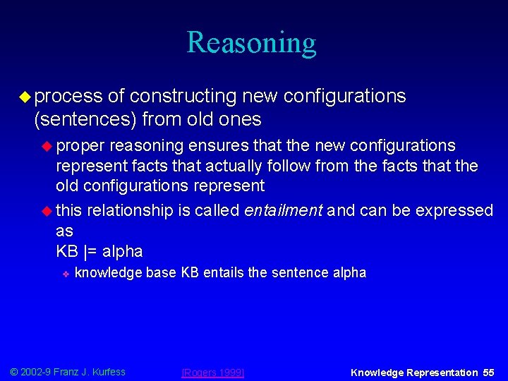 Reasoning u process of constructing new configurations (sentences) from old ones u proper reasoning