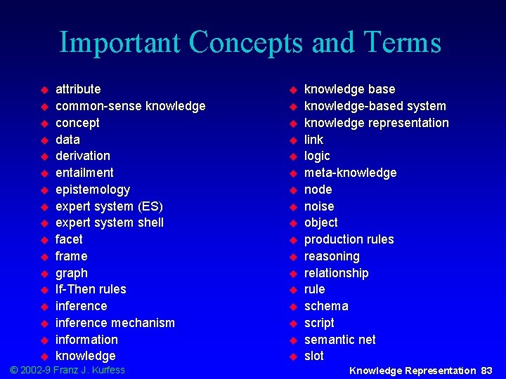 Important Concepts and Terms u u u u attribute common-sense knowledge concept data derivation