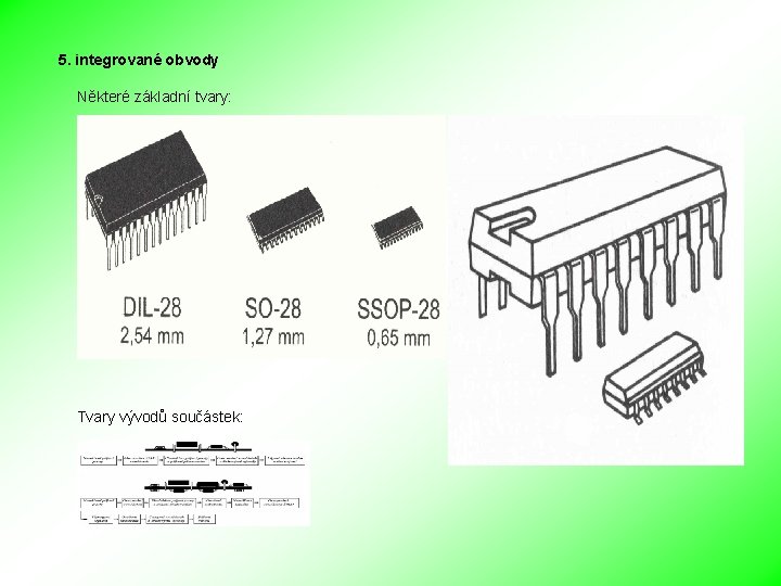 5. integrované obvody Některé základní tvary: Tvary vývodů součástek: 