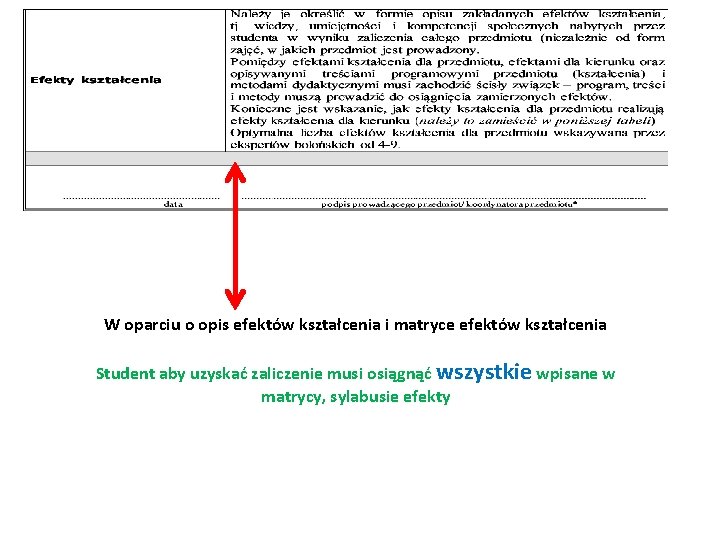 W oparciu o opis efektów kształcenia i matryce efektów kształcenia Student aby uzyskać zaliczenie