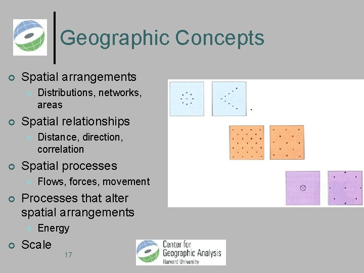 Geographic Concepts Spatial arrangements Spatial relationships Flows, forces, movement Processes that alter spatial arrangements