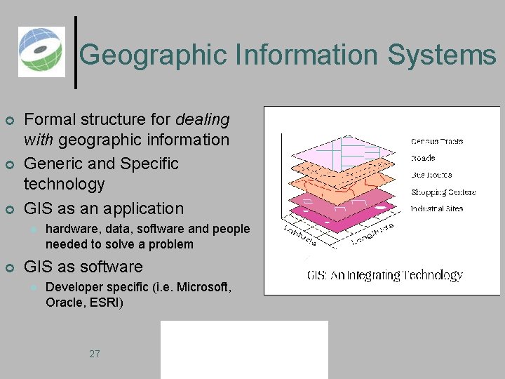 Geographic Information Systems Formal structure for dealing with geographic information Generic and Specific technology
