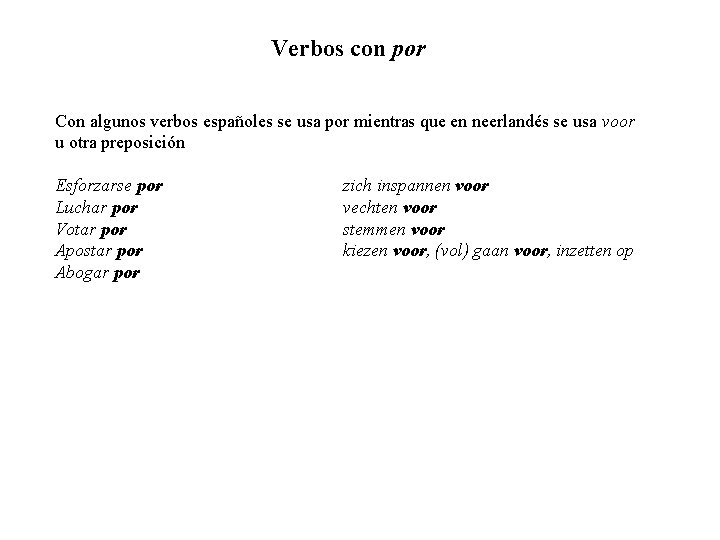 Verbos con por Con algunos verbos españoles se usa por mientras que en neerlandés