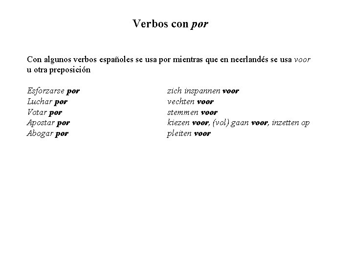 Verbos con por Con algunos verbos españoles se usa por mientras que en neerlandés