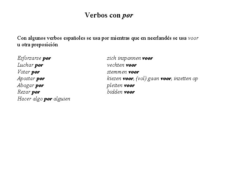 Verbos con por Con algunos verbos españoles se usa por mientras que en neerlandés